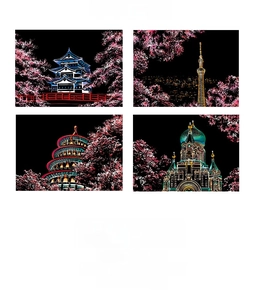 Detailed views of four Scratch Art cards featuring iconic city landmarks in neon colors