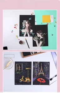 Detail view of DIY city night scrap painting set with Eiffel Tower and girl designs