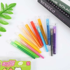Flat lay view of 12-color washable rotating crayons with creative packaging for kids