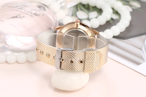 Close-up of rose gold watch case back and adjustable metal mesh strap for women