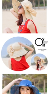 Details von faltbaren Strand-Strohhüten mit Schleifen-Akzenten in Beige und Marineblau