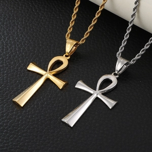Polished stainless steel Ankh cross necklaces in gold and silver with twisted rope chains