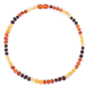 Detail of Baltic amber baby necklace with colorful beads and secure screw clasp