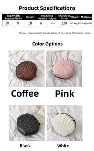 Detailed view of mini sequin shell bags in brown, pink, black and white colors