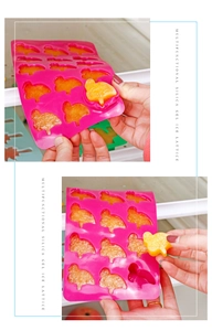 Detail of hands popping out a frozen bunny treat from a pink silicone ice lattice mold
