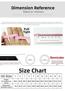 Detailed size guide with ring measurement instructions and international sizing chart