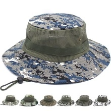 Detail of blue digital camouflage tactical boonie hat with breathable side mesh and strap