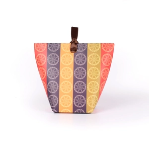 Colorful striped paper gift box with brown ribbon handle and floral pattern design