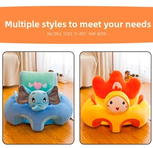 Detailed view of plush baby sit-up support chair with elephant and cartoon characters
