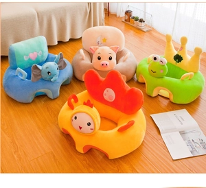 Macro detail of plush cartoon baby support seats in elephant, pig, frog, and chick shapes