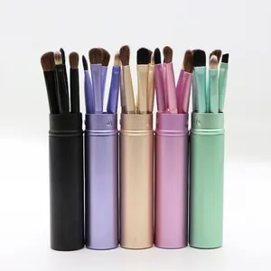 Portable 5-piece horse hair eyeshadow makeup brush set in colorful cylindrical cases