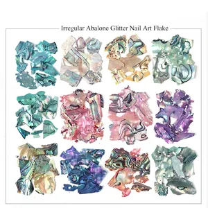 Detailed set of 12 colors irregular abalone glitter nail art flakes with iridescent finish