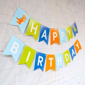 Dinosaur birthday banner with happy birthday letters and cartoon dino patterns