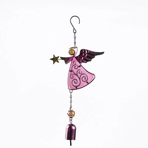 Pink and purple metal angel wind chime with golden star and glass beads on white background