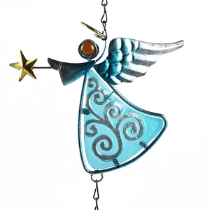 Macro shot of blue glass angel wind chime with golden star and silver metal wings