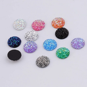 14mm round flatback resin gems with sparkly druzy texture in twelve assorted colors