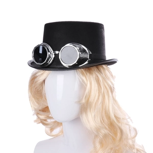 Detail of steampunk black top hat with silver goggles on a white mannequin head