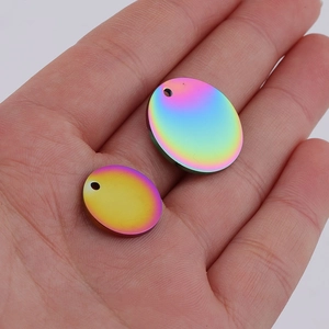 Rainbow stainless steel oval disc pendants in two sizes with a polished mirror finish