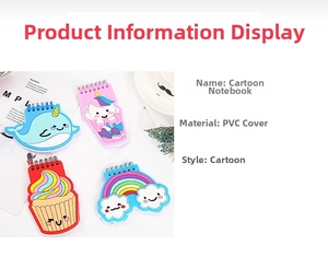 Detail of four cartoon PVC coil notebooks featuring unicorn, narwhal, and rainbow designs