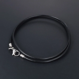 Minimalist black braided linen wax rope necklace with silver lobster clasp for men