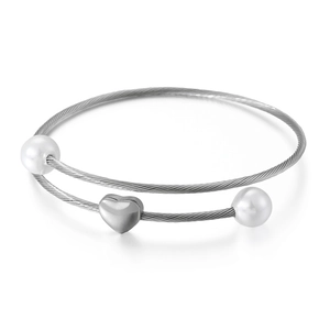 Minimalist steel wire bracelet with white pearls and a delicate heart pendant
