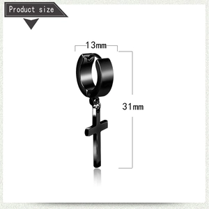 Detailed view of a black stainless steel cross earring showing 13mm by 31mm dimensions
