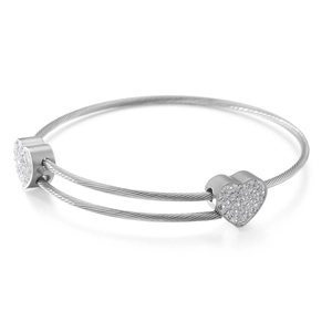 Silver titanium steel cable bracelet with dual heart charms and pavé crystals