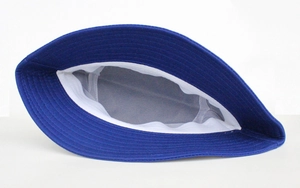 Detail view of cotton bucket hat interior stitching and white lining construction