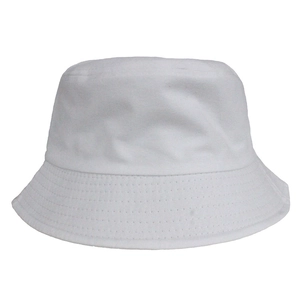 Close-up of white cotton bucket hat featuring high-density twill fabric and flat top detail
