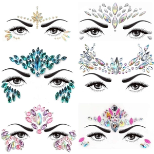 Detail view showing six diverse rhinestone face jewel designs for eyes and forehead glitter