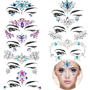 Face gem sticker set featuring eight colorful rhinestone designs with a real-life model display