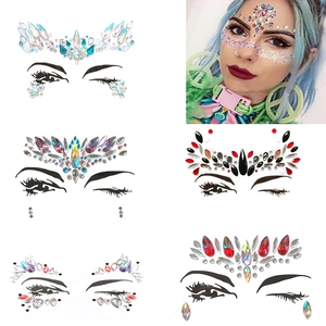 Detailed views of assorted facial rhinestone stickers for creative decorative makeup looks
