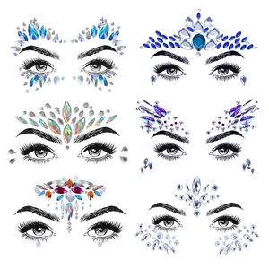 Detailed view of six iridescent face jewel sets with teardrop and round rhinestones