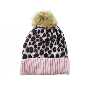Detail of pink knitted beanie featuring leopard print and a soft faux fur pompom