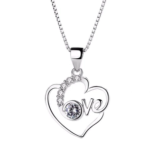 Elegant silver heart love pendant necklace with white cubic zirconia and box chain
