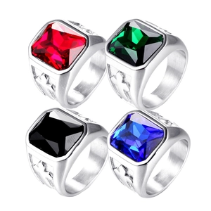 Men Signet Ring Stainless Steel Square Faux Gemstone Vintage Cross Pattern Retro Punk Fashion Jewelry