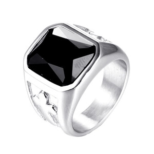 Men's stainless steel ring with black square gemstone and side relief patterns
