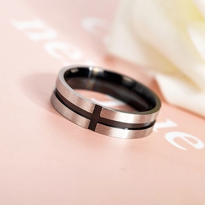 Retro stainless steel ring with black cross design and brushed silver finish