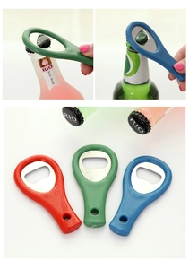 Tennis racket style stainless steel bottle openers in red, green and blue colors