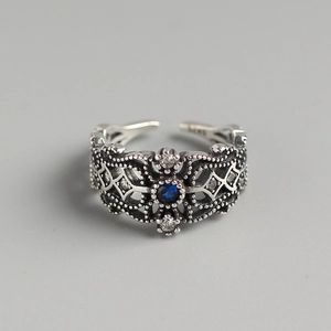 Retro Hollow Blue Stone Adjustable Open Ring 925 Sterling Silver Vintage Jewelry For Women Elegant Geometric