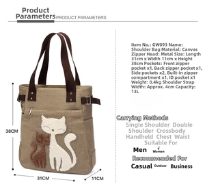 Canvas shoulder bag with cat embroidery showing dimensions 31x11x38cm and 13L capacity