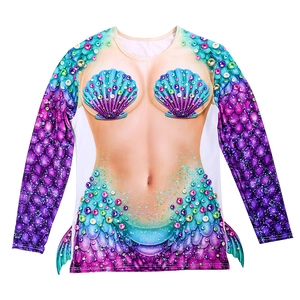 Mermaid Print Long Sleeve T-Shirt Cosplay Costume Shell Artificial Pearl Scale Pattern Round Neck Stretchy Party Halloween