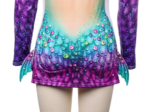 Detail view of mermaid bodysuit featuring gradient fish scales and lateral fin accents