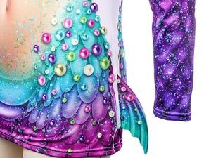 Close-up of 3D pearl prints and fish scale patterns on purple mermaid costume shirt