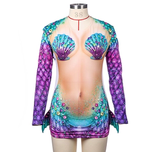 Halloween mermaid cosplay costume long sleeve shell print jumpsuit on white mannequin