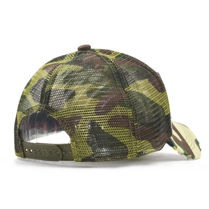 Jungle camouflage mesh trucker hat with adjustable plastic snapback on white background