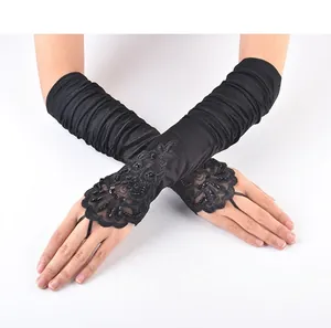 Gants longs noirs sans doigts en dentelle avec volants et paillettes pour robe de mariée