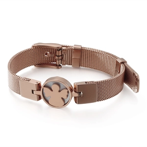 Rose gold mesh bracelet with angel pendant and adjustable watch-style buckle on white base
