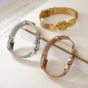 Mesh strap angel bracelet in gold, silver, and rose gold stainless steel metal