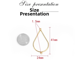 Golden waterdrop frame pendant size reference next to a coin for DIY jewelry